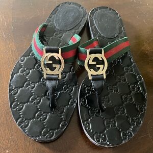 Gucci GG Web Stripe Thong Sandals Flip Flop Flat Slide Slip On Black EU 38